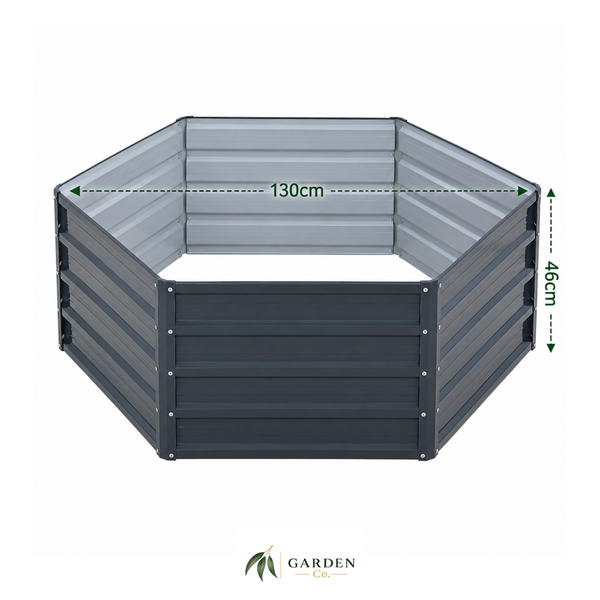 Hexagonal steel raised garden bed with dimensions on a white background