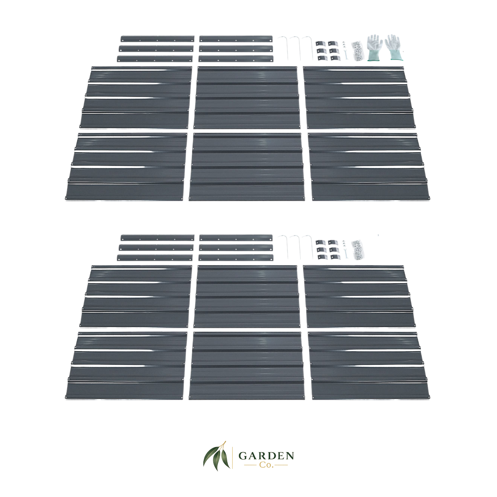 Hexagonal steel raised garden beds showing what's included on a white background
