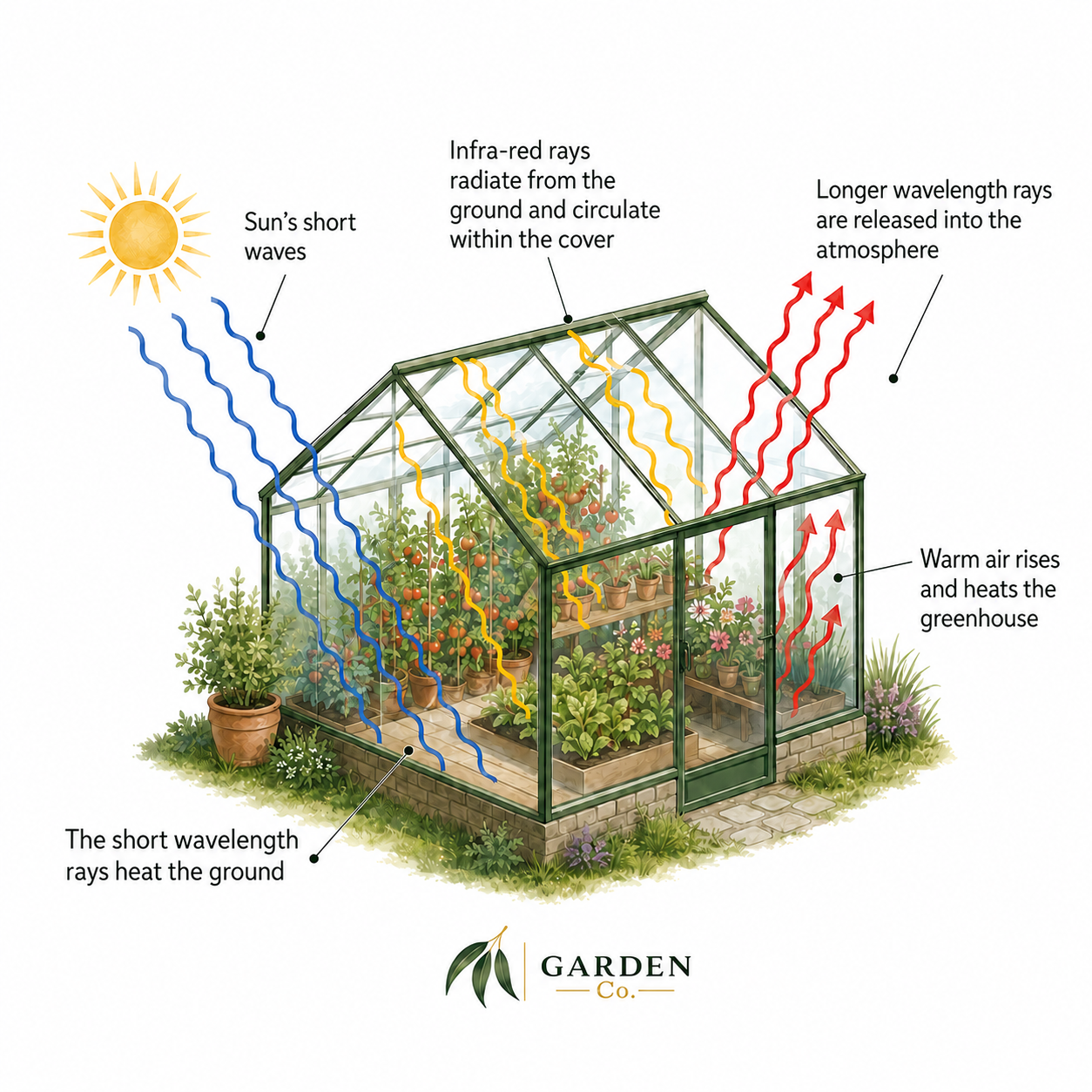 An illustrated greenhouse with labeled rays of sunlight and heat, showing blue and yellow incoming wavelengths and red outgoing wavelengths, with text explaining solar waves, infra-red radiation, and warm air circulation. The Garden Co logo appears at the bottom.
