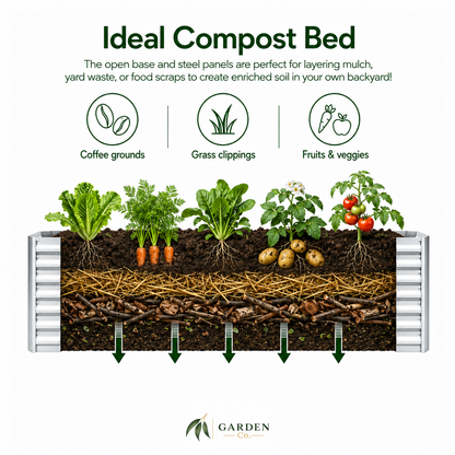 An informational product graphic for a Garden Plus compost bed. It features a cross-section diagram of a white and steel compost bed filled with soil, straw, and various vegetables like carrots, lettuce, potatoes, and tomatoes.