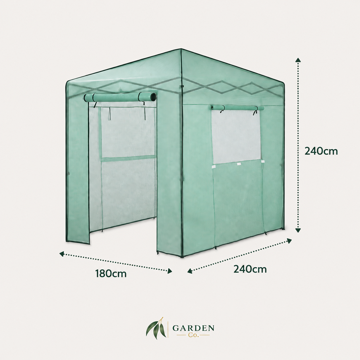 A mint green garden canopy tent with dimensions labeled 180cm, 240cm, and 240cm, shown on a light beige background with the Garden Co. logo at the bottom.