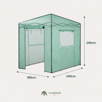 A mint green garden canopy tent with dimensions labeled 180cm, 240cm, and 240cm, shown on a light beige background with the Garden Co. logo at the bottom.