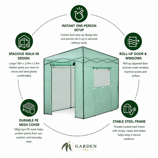 A green pop-up canopy tent shown on a white background with six circular callout graphics and text describing features such as instant one-person setup, spacious walk-in design, roll-up door and windows, durable PE mesh cover, and stable steel frame. The Garden Co logo appears at the bottom.