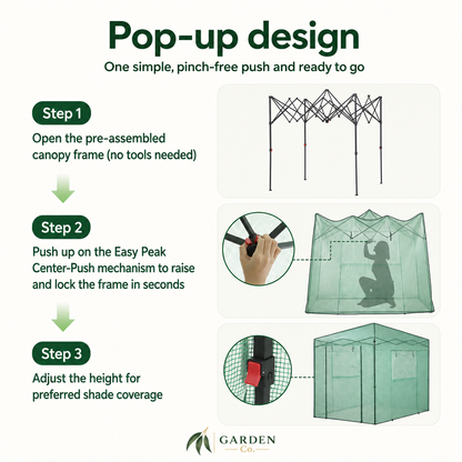 An infographic titled 'Pop-up design' explains how to assemble a pop-up canopy tent. It features three numbered steps with text and small diagrams: Step 1 shows opening the frame, Step 2 shows a hand pushing the center-push mechanism to raise the tent, and Step 3 shows adjusting the height.