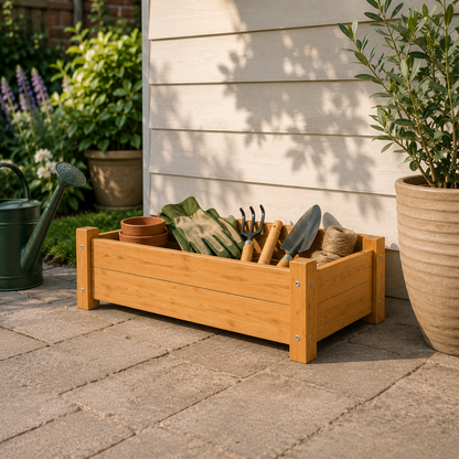 Low wooden planter box with gardening tools on a patio