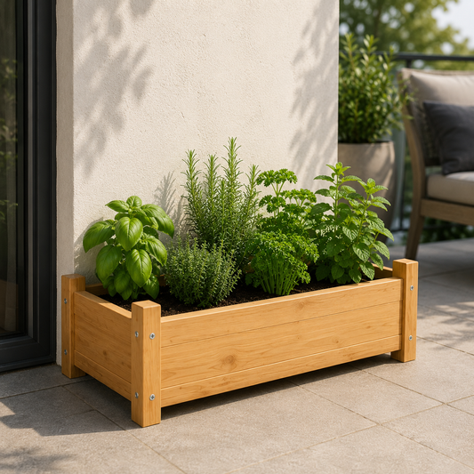 Low wooden planter box with herbs on a patio