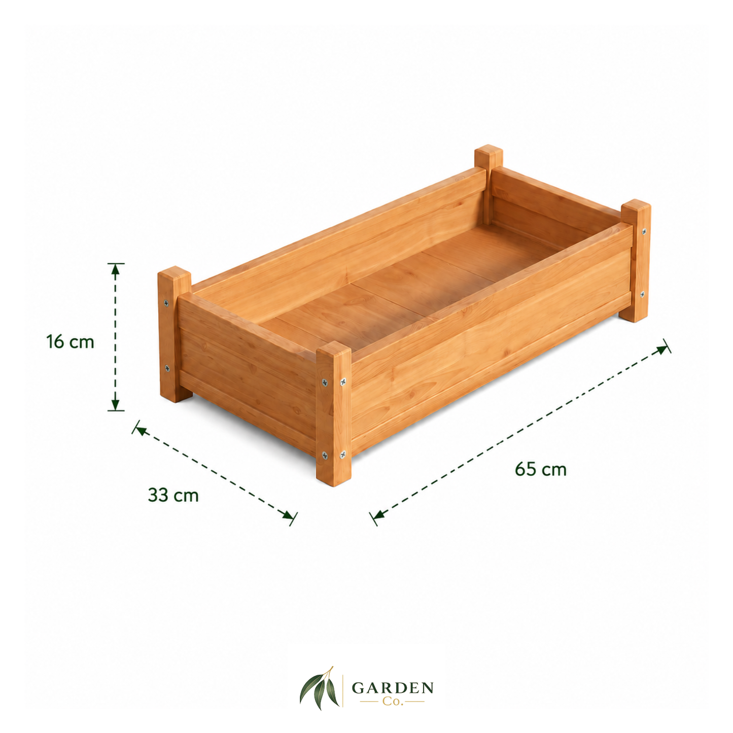 Low wooden planter box with dimensions on a white background, featuring the Garden Co. logo.