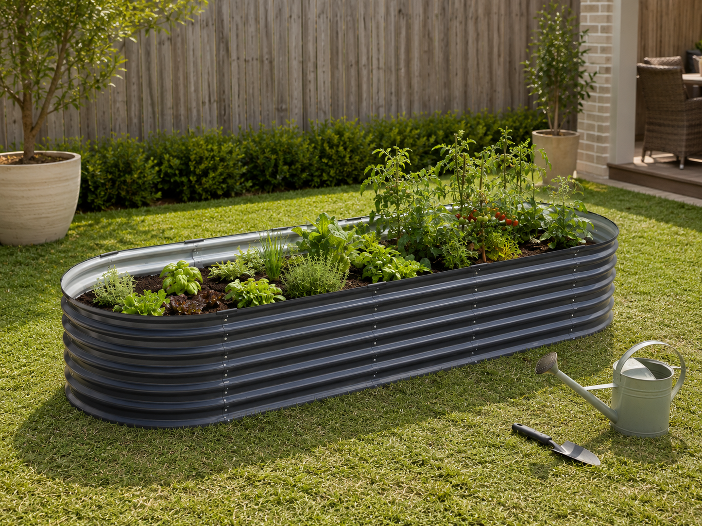 An oval raised garden bed made of corrugated galvanized metal, filled with green plants, set on a green lawn in a backyard with a wooden fence, a watering can, and a trowel nearby.
