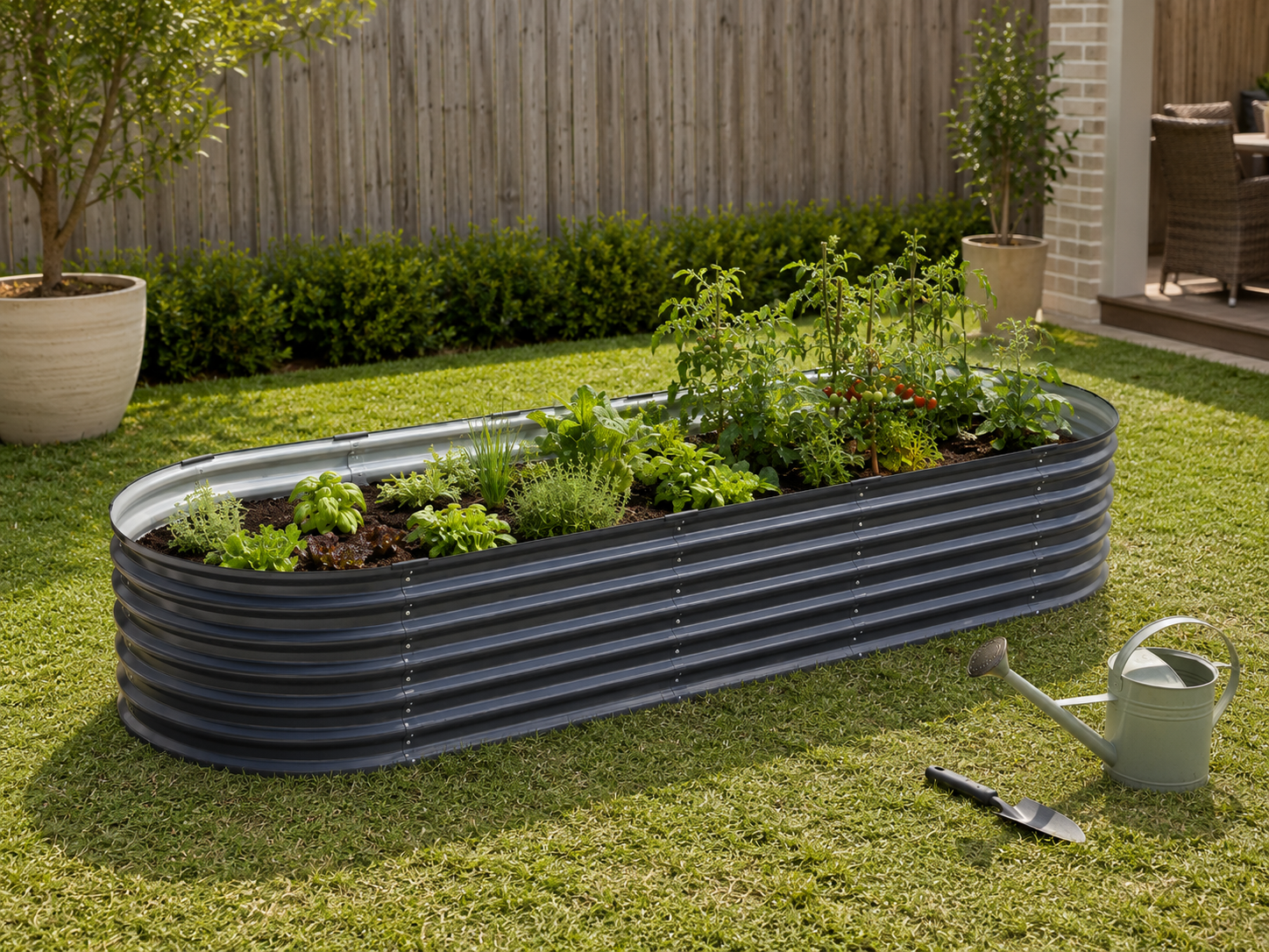 An oval raised garden bed made of corrugated galvanized metal, filled with green plants, set on a green lawn in a backyard with a wooden fence, a watering can, and a trowel nearby.