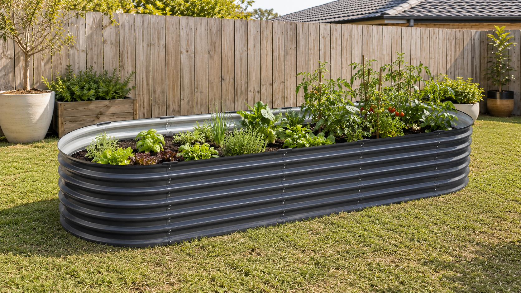 An oval raised garden bed made of corrugated metal, filled with various green plants, situated on a green lawn in front of a wooden fence.
