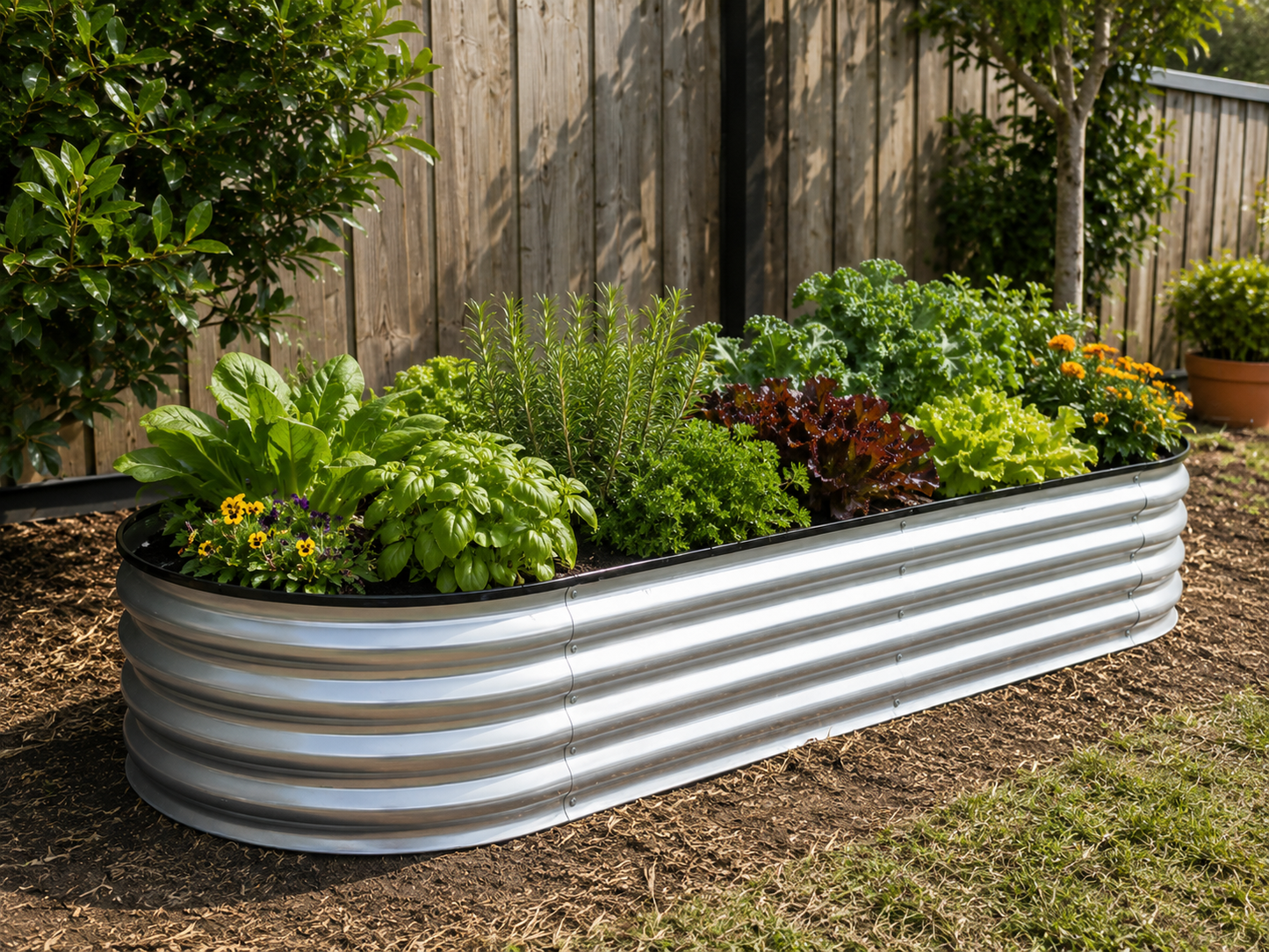 A long, corrugated galvanized steel raised garden bed filled with various green herbs and leafy plants, set in a backyard garden next to a wooden fence.