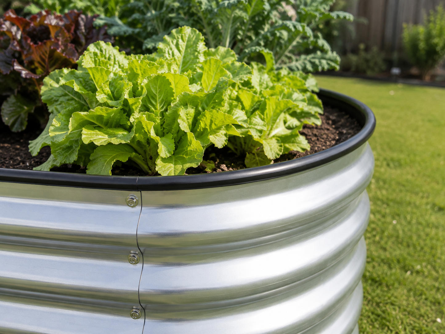 A galvanized steel raised garden bed with a black liner, filled with green lettuce and leafy plants, set in a grassy backyard.