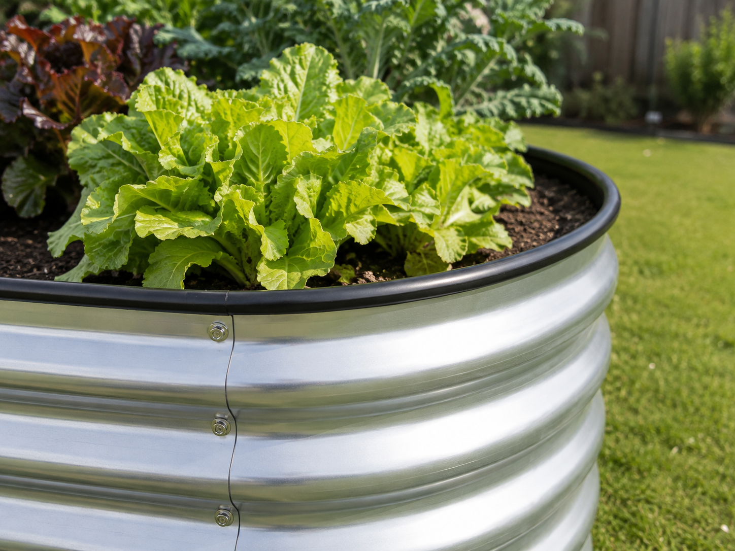 A galvanized steel raised garden bed with a black liner, filled with green lettuce and leafy plants, set in a grassy backyard.