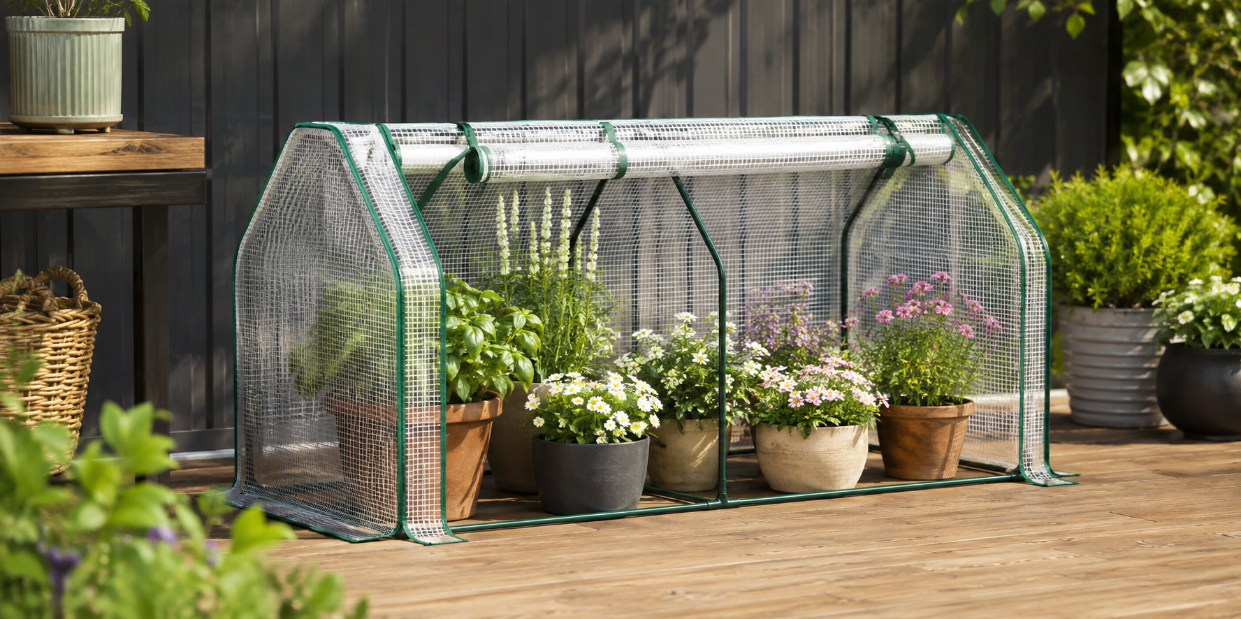 A small greenhouse with a wire mesh dome and green frame, shown outdoors on a wooden deck with potted plants inside and around it.