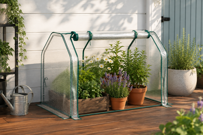 A small greenhouse with a green metal frame and clear mesh cover, set on a wooden deck outdoors. Several potted plants are arranged inside, including lavender and leafy greens.