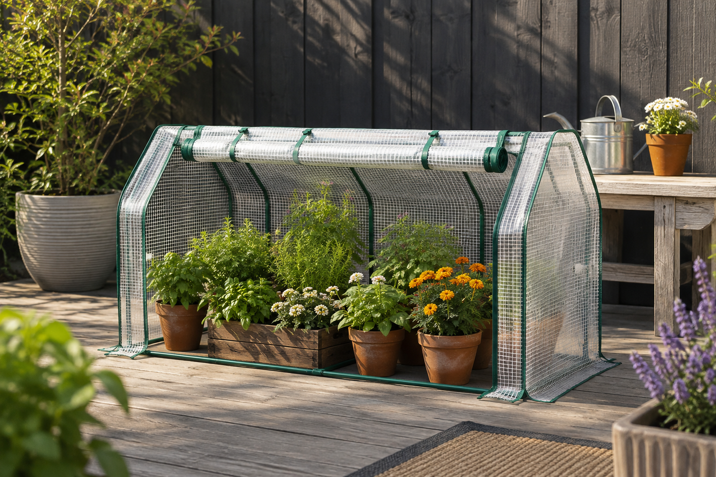 A small green greenhouse with clear mesh panels covers several potted plants on a wooden deck, with a garden fence, plants, and a wooden table in the background.