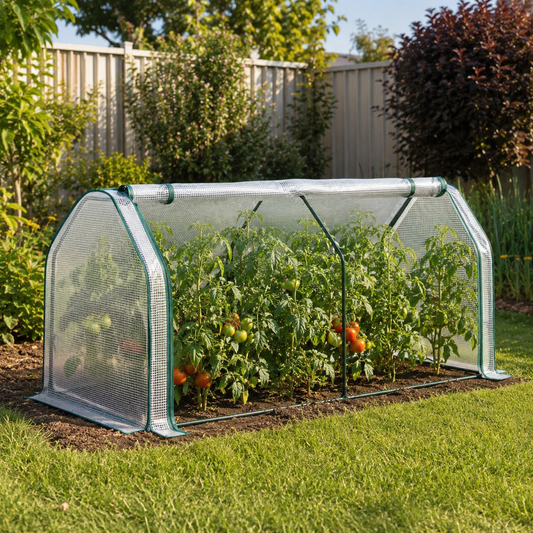 A small arched greenhouse with a clear mesh cover and green frame, set over a tomato plant bed in a grassy backyard with a wooden fence and trees in the background.
