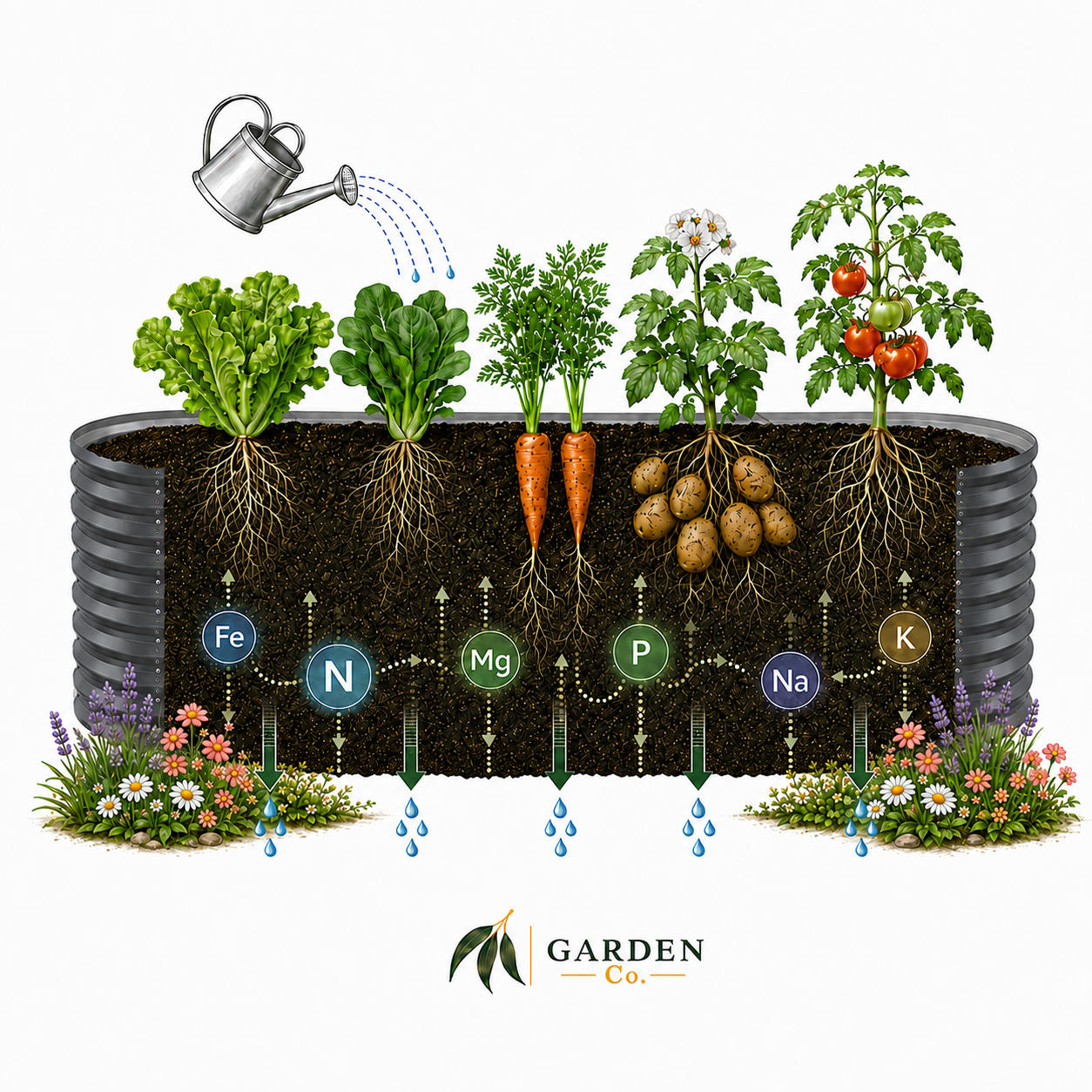 An illustrated infographic showing a raised garden bed with planted vegetables, a watering can, and nutrient symbols (Fe, N, Mg, P, Na, K) with water drops. The Garden Co.