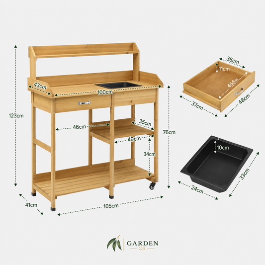 Wooden gardening table with dimensions and a black tray on a white background