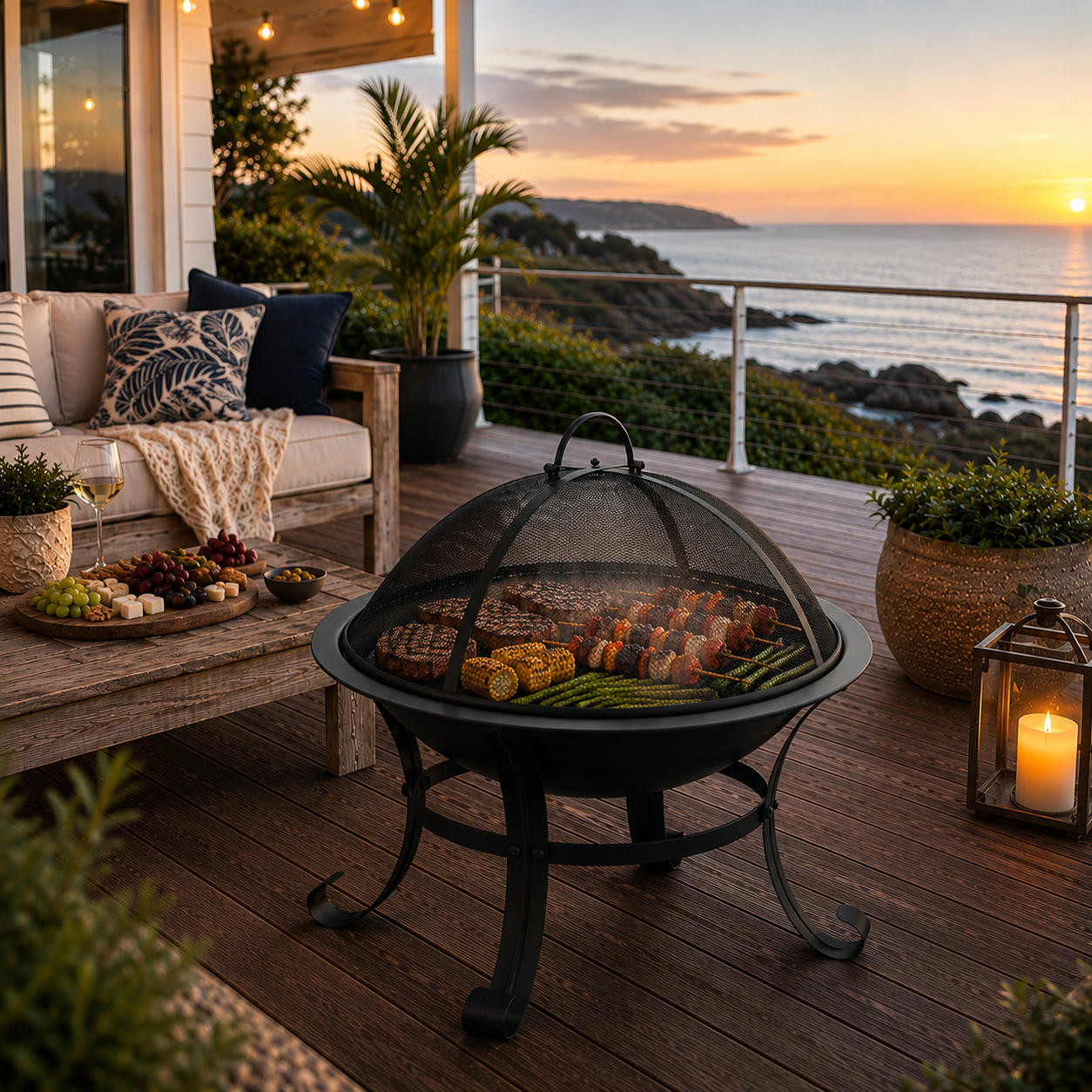 Outdoor Fire Pit BBQ 2-in-1 in outdoor barbecue scene with grill, food, and sunset over ocean view.