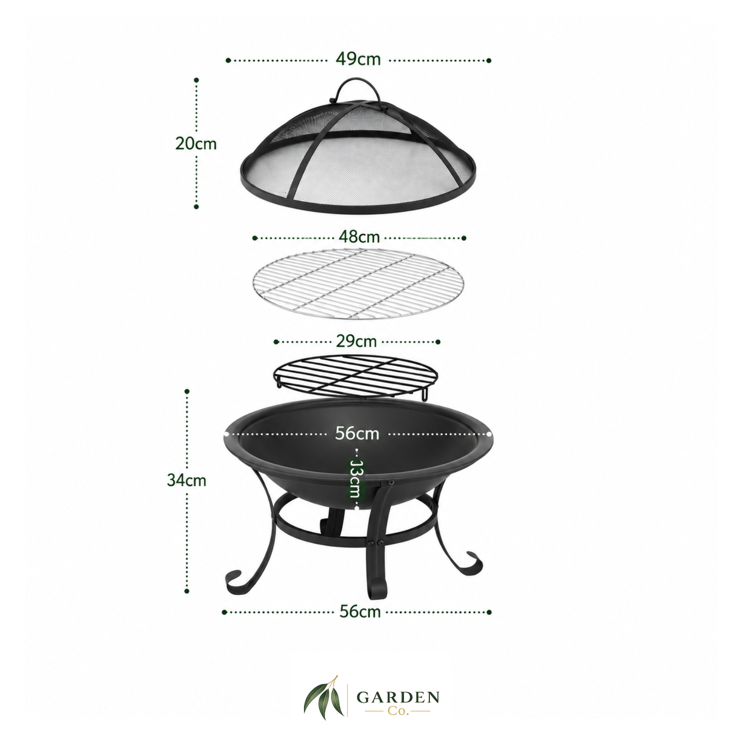 Outdoor Fire Pit BBQ 2-in-1 with dimensions on a white background