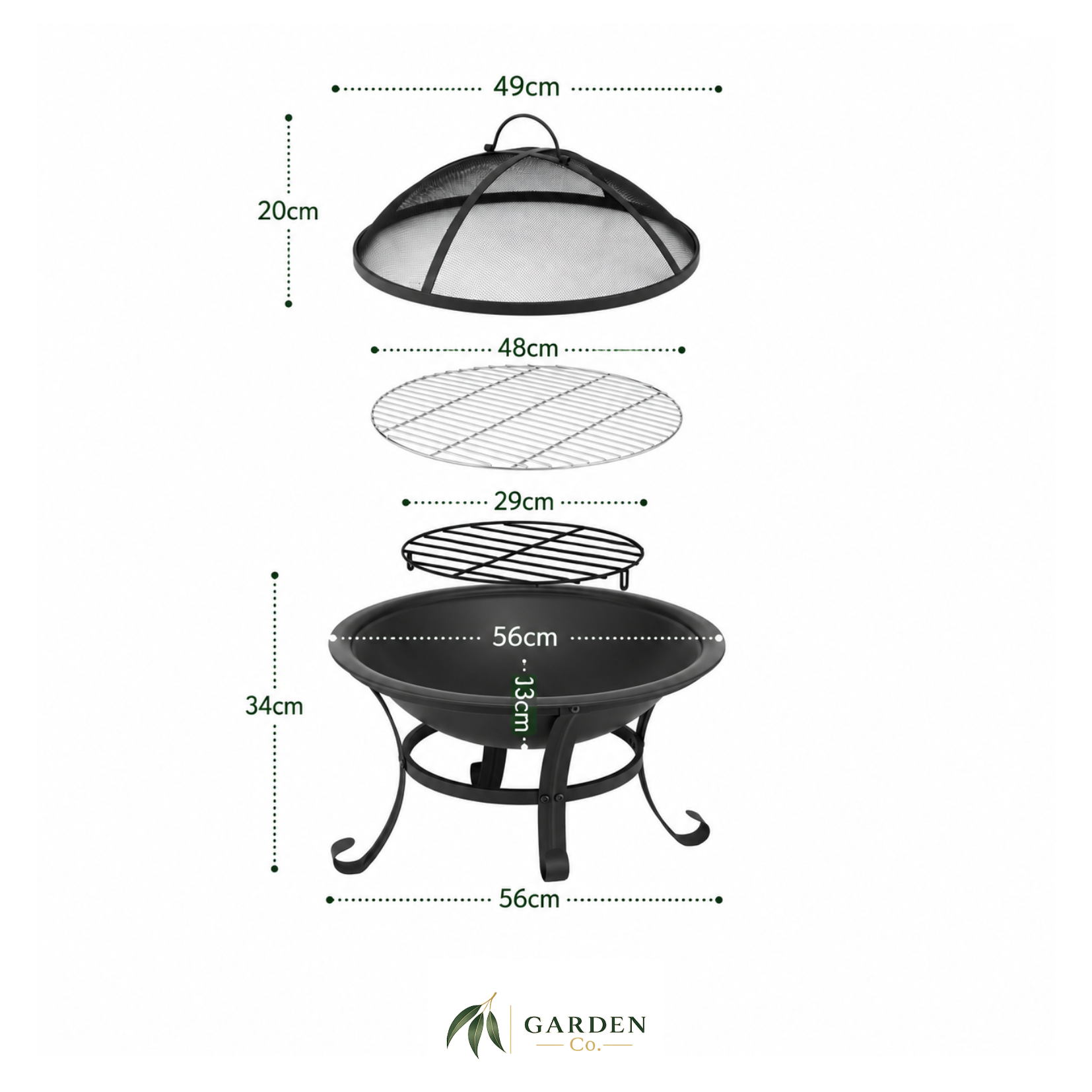 Outdoor Fire Pit BBQ 2-in-1 with dimensions on a white background