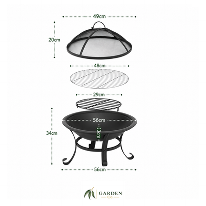 Outdoor Fire Pit BBQ 2-in-1 with dimensions on a white background