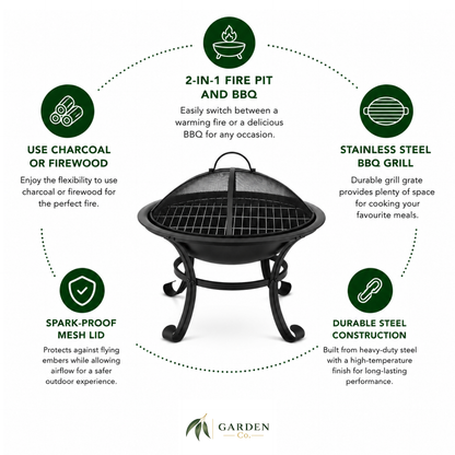 Outdoor fire pit BBQ 2-in-1 with features highlighted on a white background