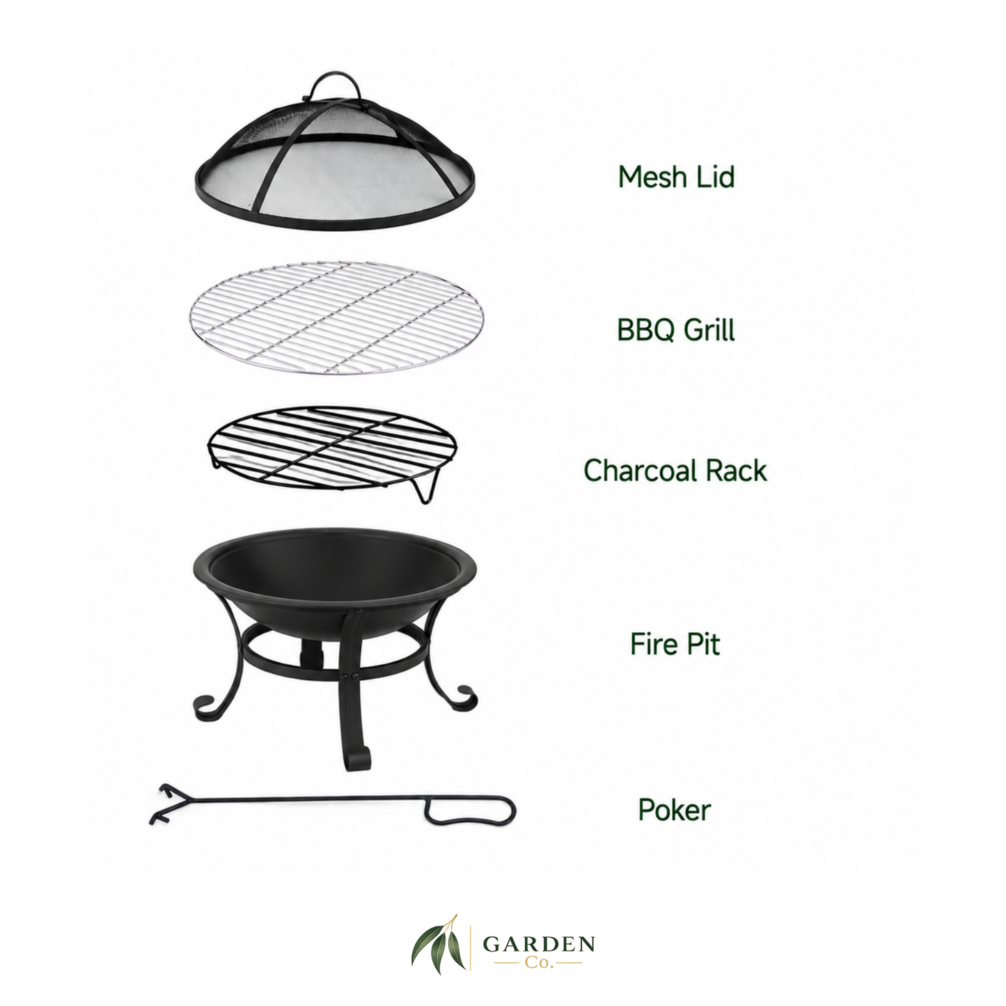 Outdoor Fire Pit BBQ 2-in-1 with mesh lid, BBQ grill, charcoal rack, fire pit, and poker on a white background.