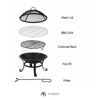 Outdoor Fire Pit BBQ 2-in-1 with mesh lid, BBQ grill, charcoal rack, fire pit, and poker on a white background.