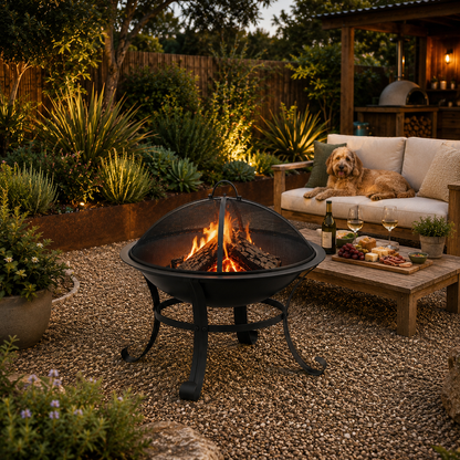 Outdoor Fire Pit BBQ 2-in-1 in evening setting with a fire pit, sofa, and dog in a garden.