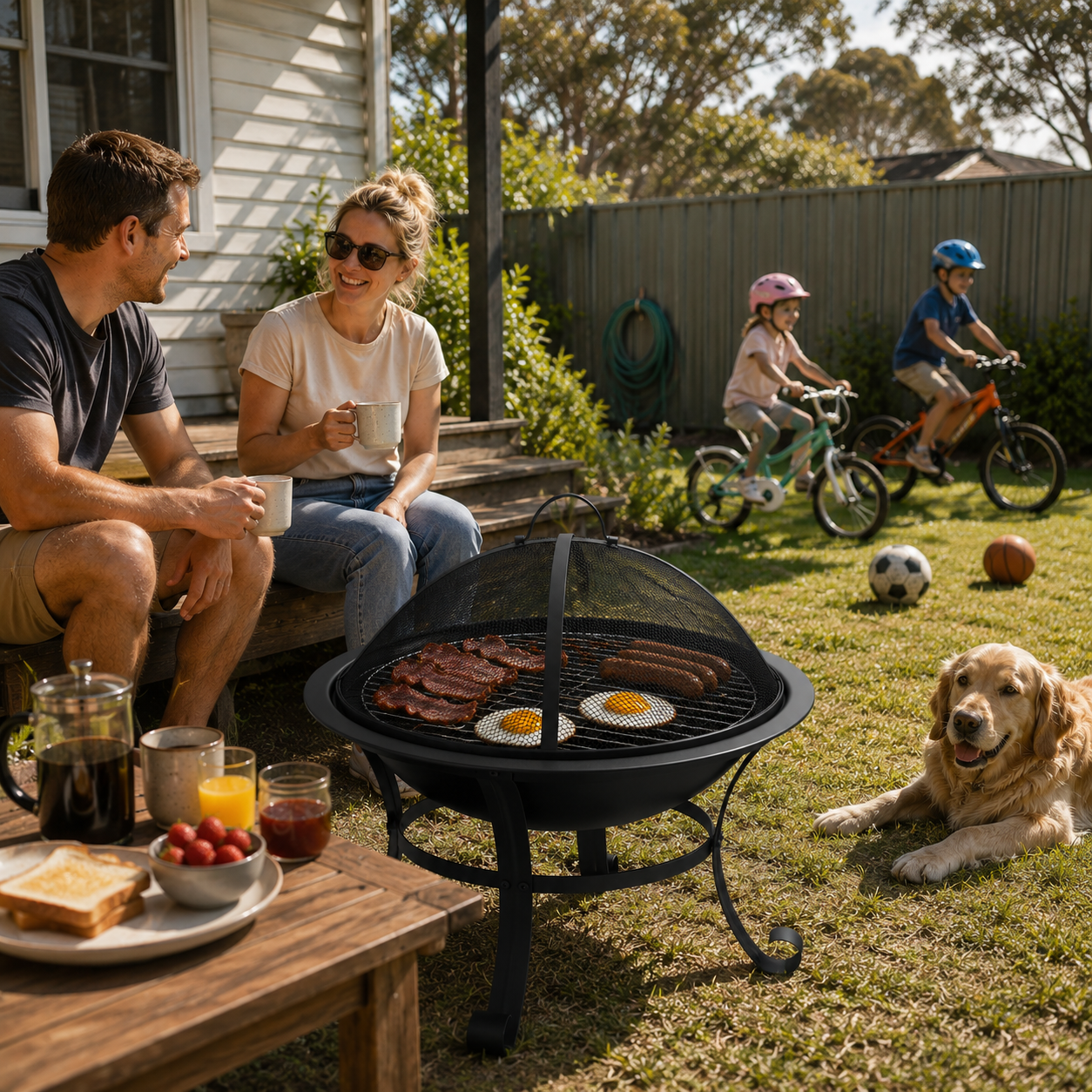 Outdoor Fire Pit BBQ 2-in-1 with family enjoying a barbecue in their backyard with children playing in the background