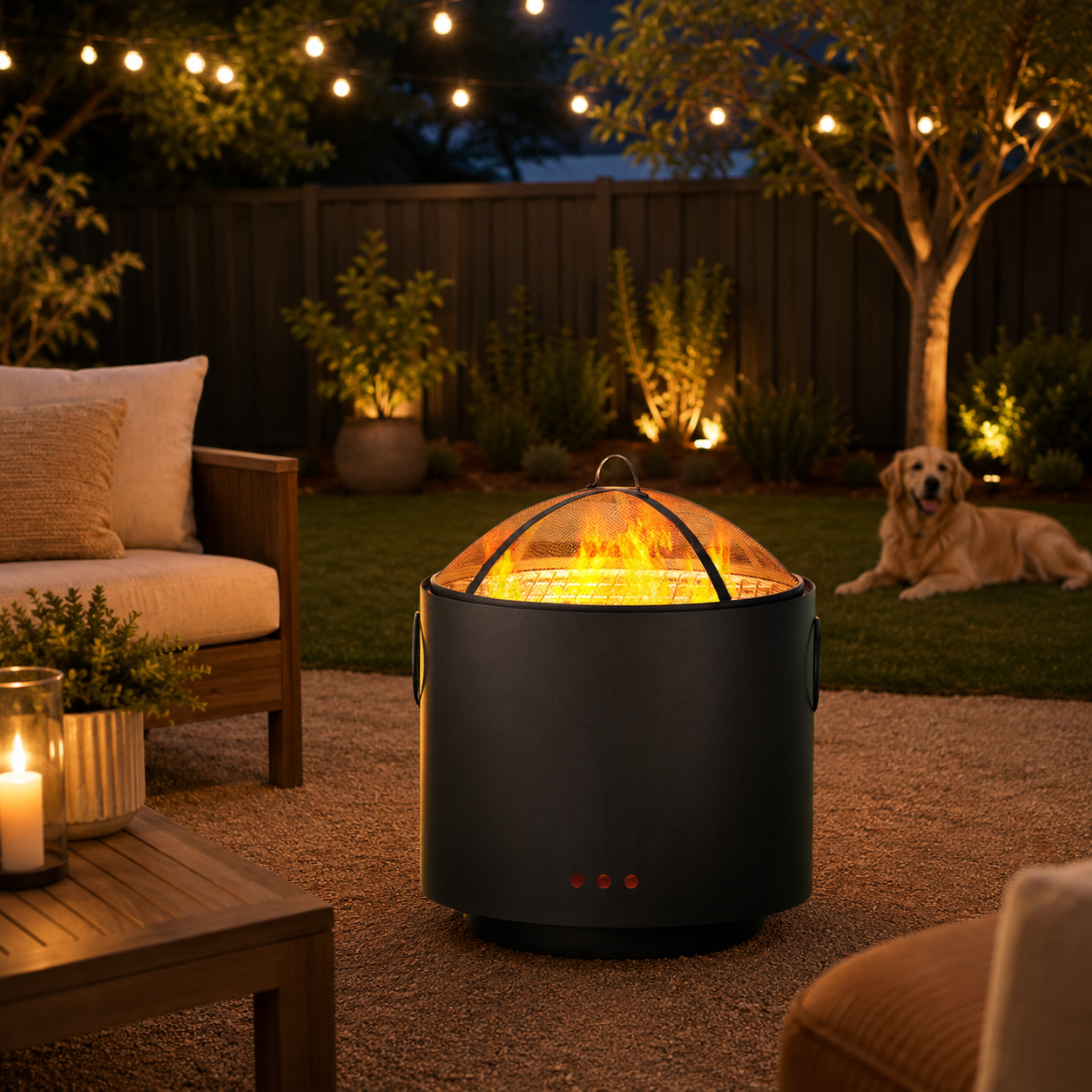 Outdoor Fire Pit BBQ with fire lit in backyard setting