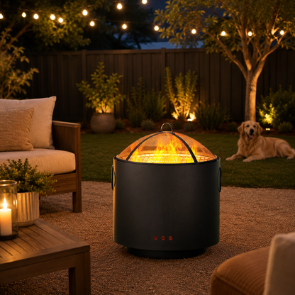 Outdoor Fire Pit BBQ with fire lit in backyard setting