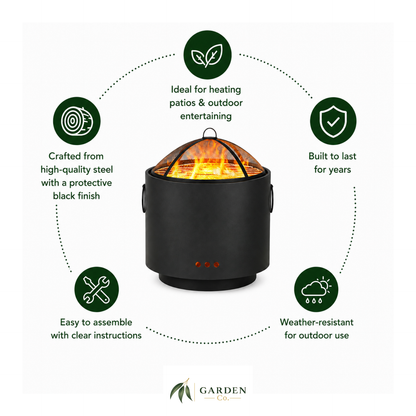 Outdoor fire pit bbq with features listed around it on a white background