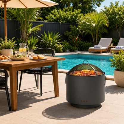 Outdoor Fire Pit BBQ scene with table and chairs near a pool