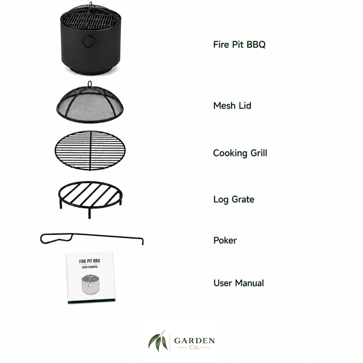 Outdoor fire pit BBQ set with mesh lid, cooking grill, log grate, poker, and user manual on a white background.