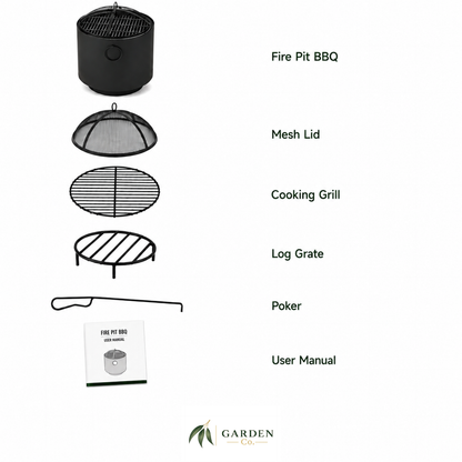 Outdoor fire pit BBQ set with mesh lid, cooking grill, log grate, poker, and user manual on a white background.