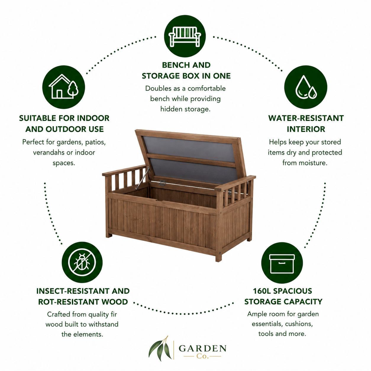 Wooden bench with storage box features and benefits on a white background
