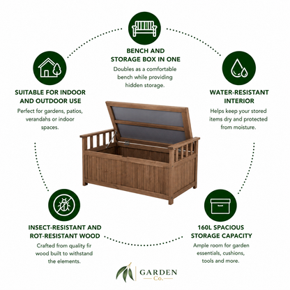 Wooden bench with storage box features and benefits on a white background
