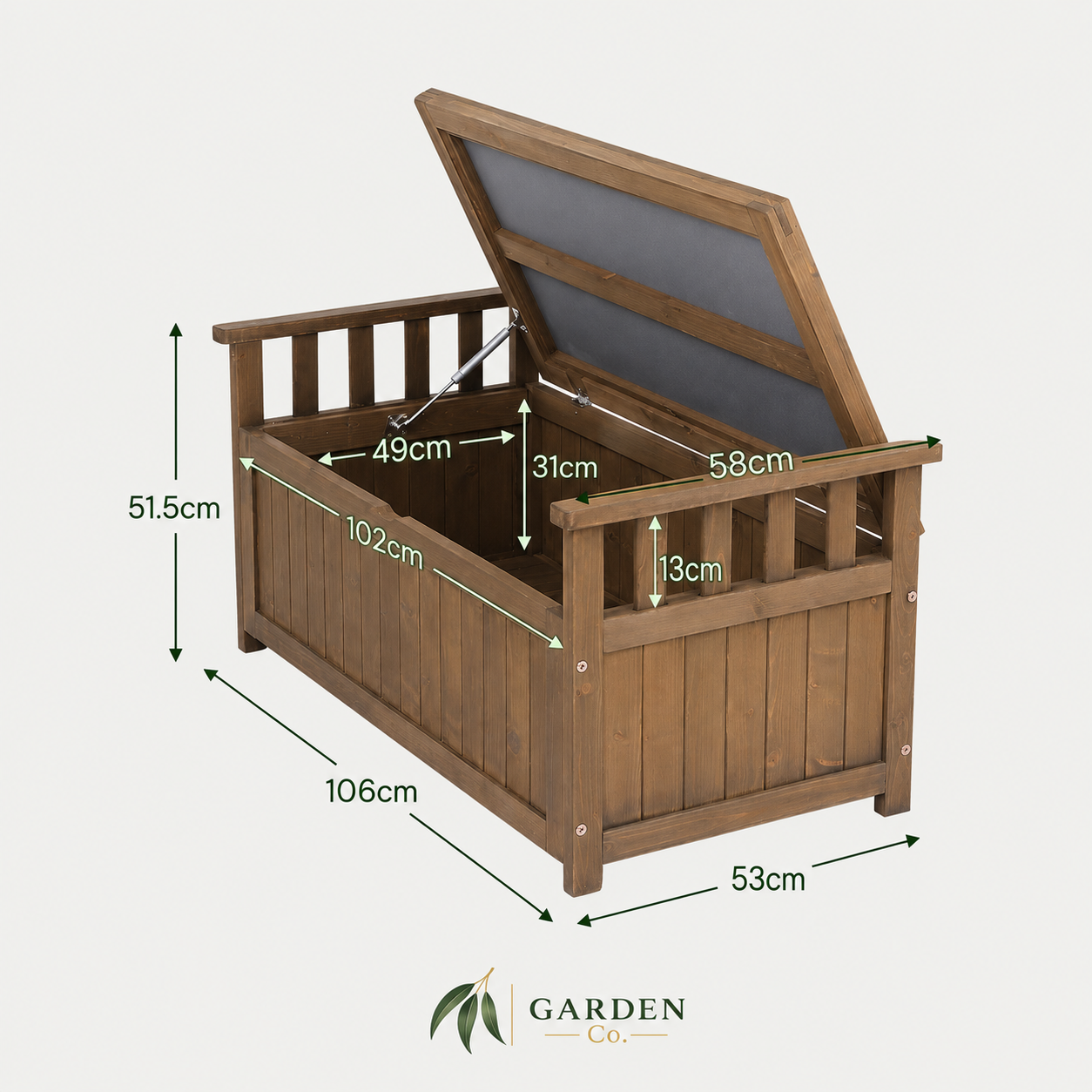 Wooden storage bench with dimensions labeled on a white background
