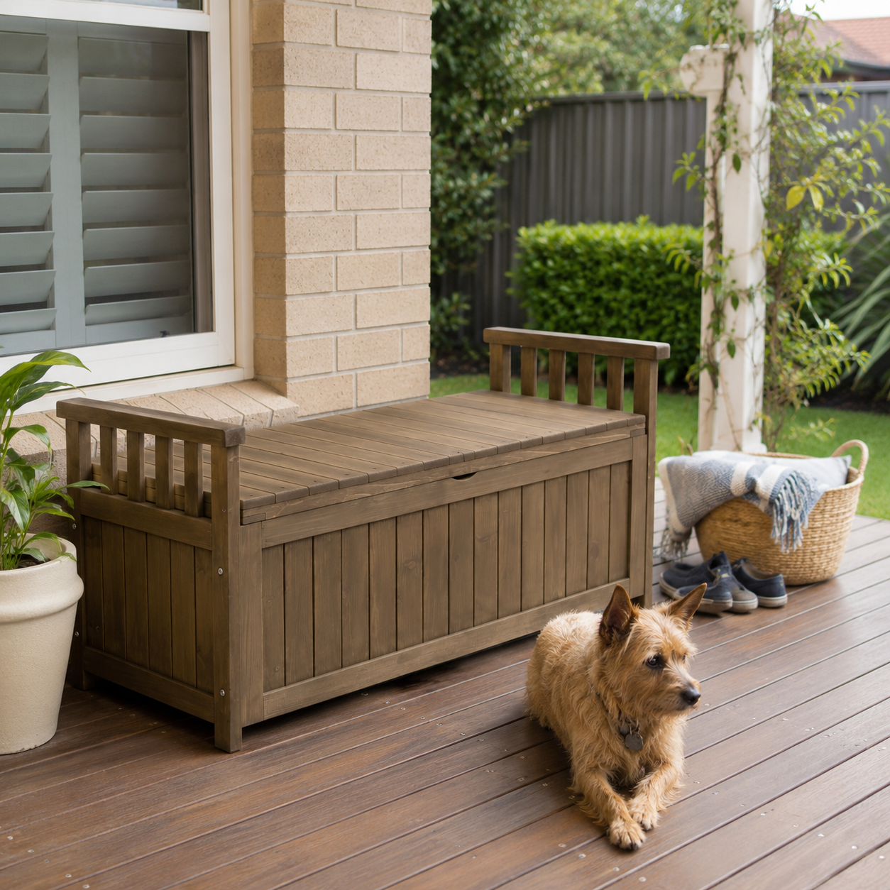Wooden storage bench on a wooden deck with a dog sitting nearby