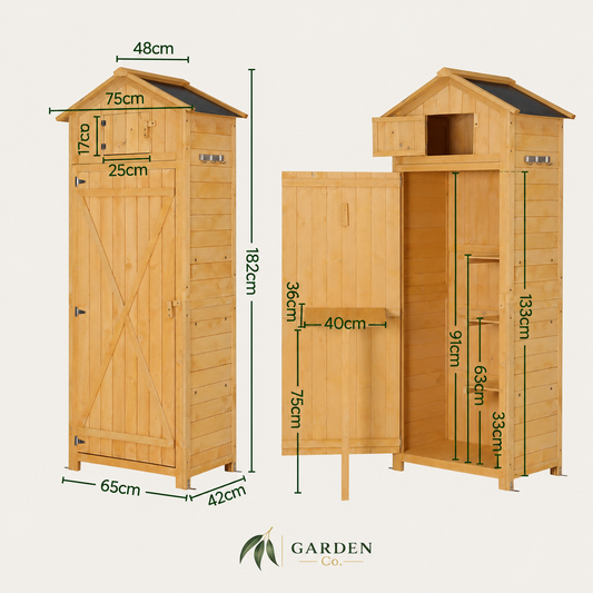 Wooden garden storage cabinet with dimensions labeled on a white background