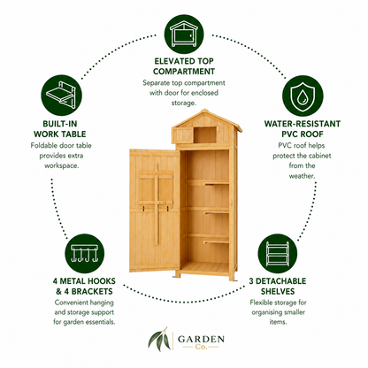 Wooden garden storage cabinet with features highlighted on a white background