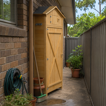 Wooden storage cabinet attached to a house with garden tools and plants around