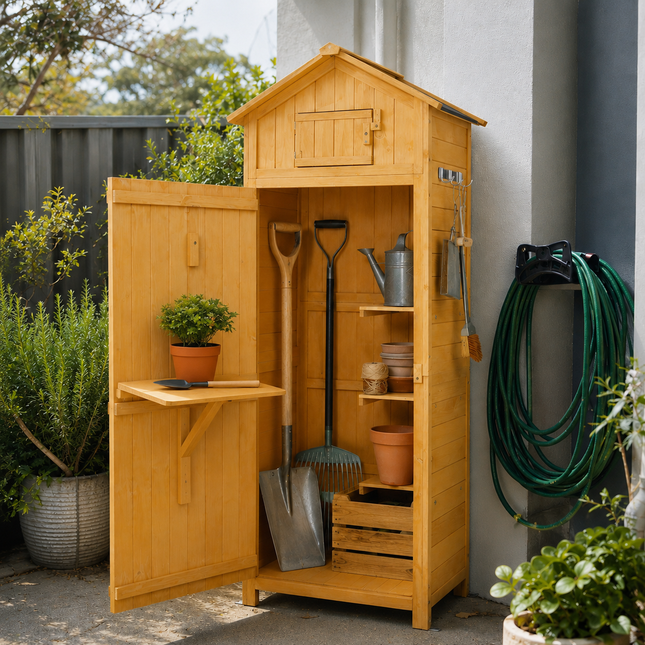 Wooden garden storage cabinet with gardening tools and plants outdoors