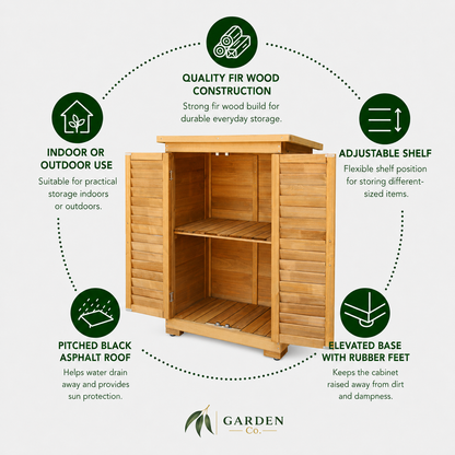 Wooden storage cabinet with features highlighted on a white background