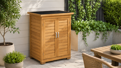 A wooden outdoor storage cabinet with two doors and silver handles, set on a patio next to potted plants and a wooden dining table.