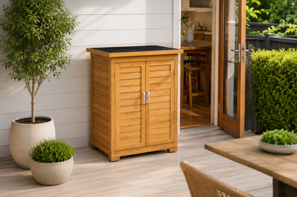A wooden outdoor storage cabinet with two louvered doors and a black top surface, shown on a patio next to potted plants and a glass door opening.