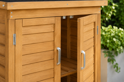 Close-up of a wooden storage cabinet with two slatted doors, one open to reveal shelves inside, featuring silver metal handles and hinges. Green foliage is visible in the blurred background.